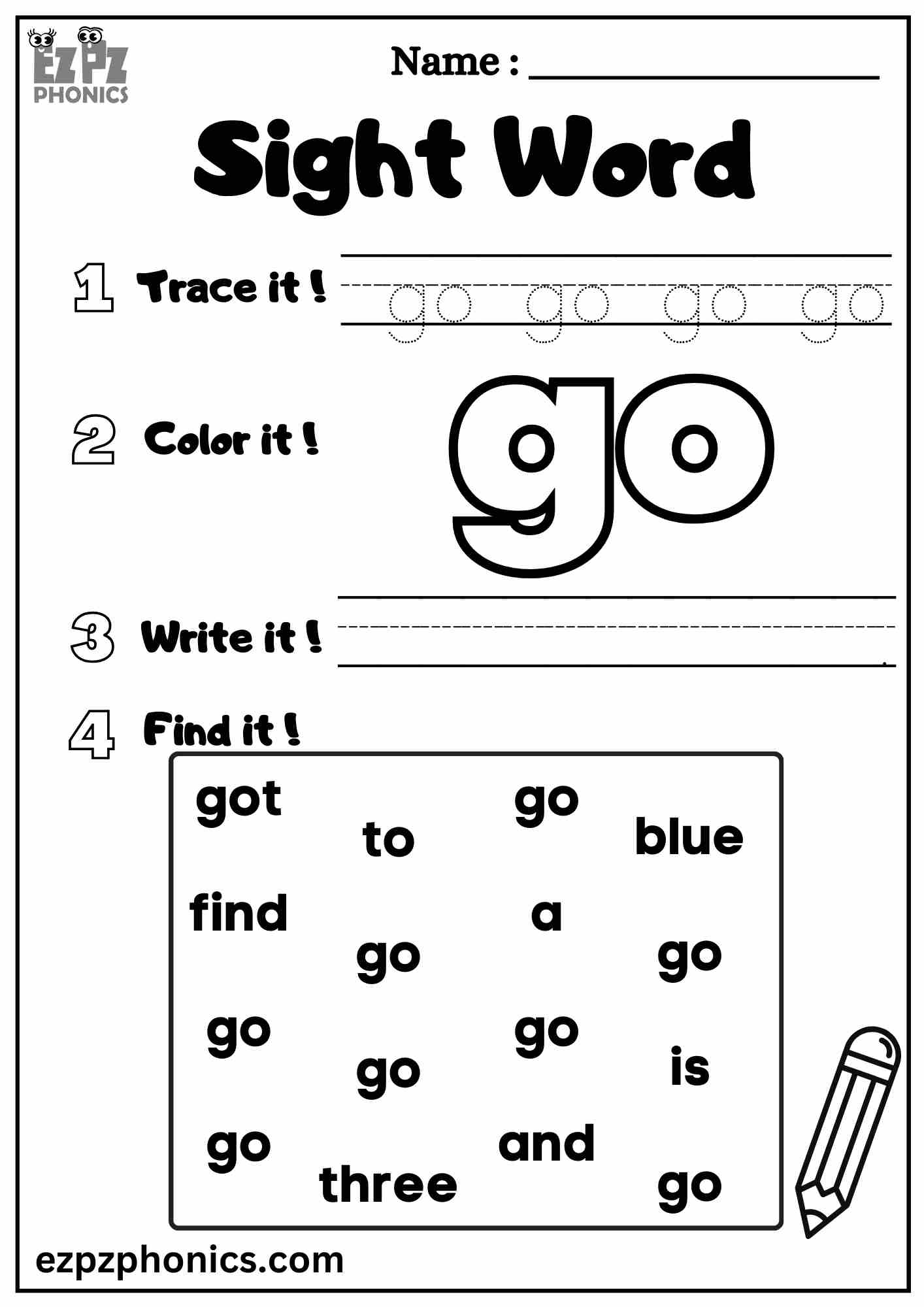The "go" Sight Word Worksheet for Pre-Kindergarten Students Dolch Sight Words Free PDF Download